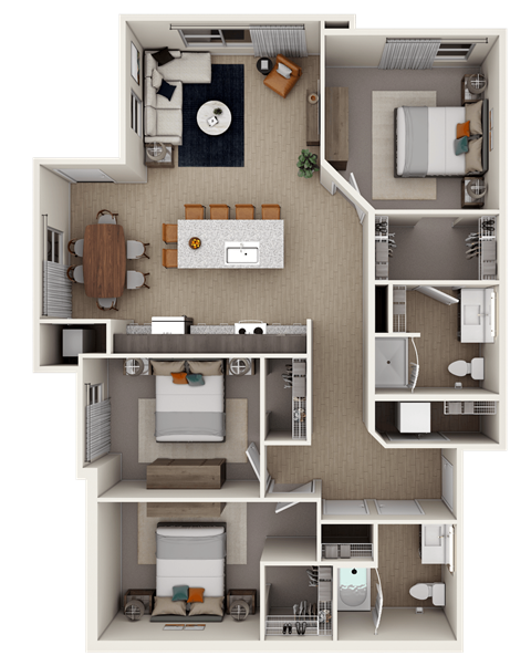 Floor plan for 3 beds, 2 baths, 1272 sqft